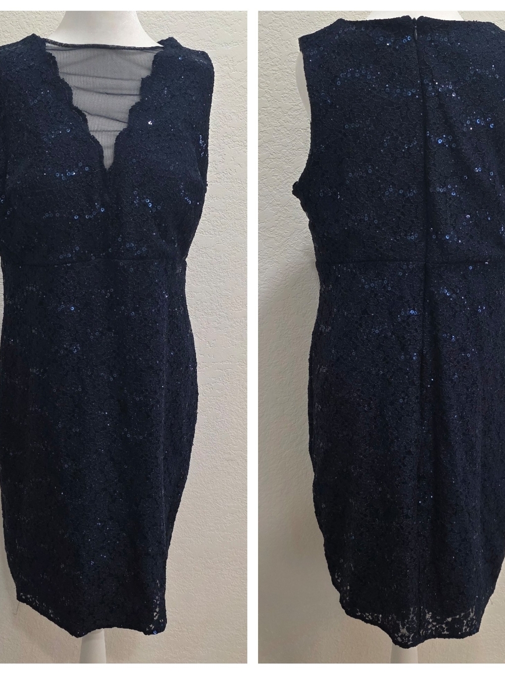 Night Way Collections Navy Sequin Lace Midi Dress with Sheer V-Neck